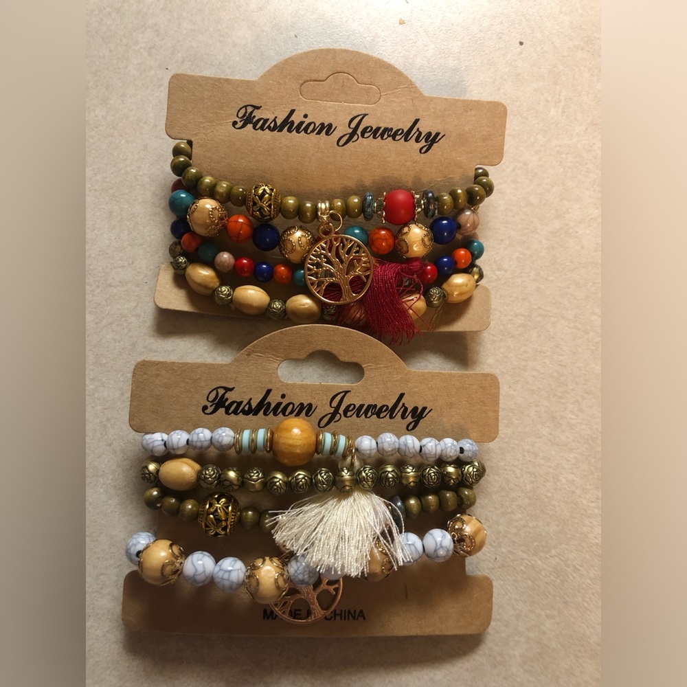 Bohemian Multicolor Beaded Bracelet Set with Tree Charm